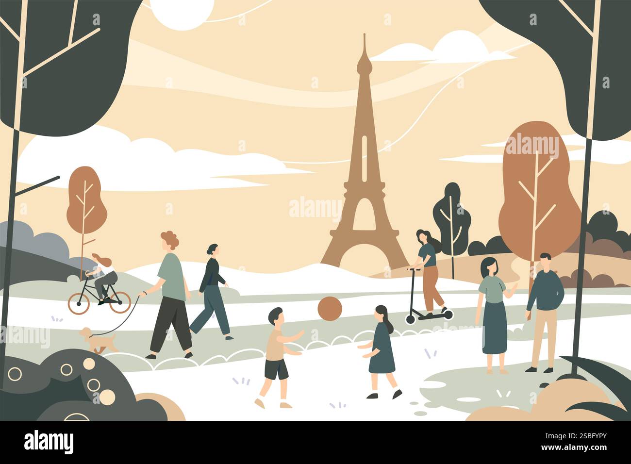 Illustrazione vettoriale di diverse persone che camminano nel parco con la Torre Eiffel sullo sfondo. Bambini e adulti trascorrono attivamente il loro tempo libero Illustrazione Vettoriale