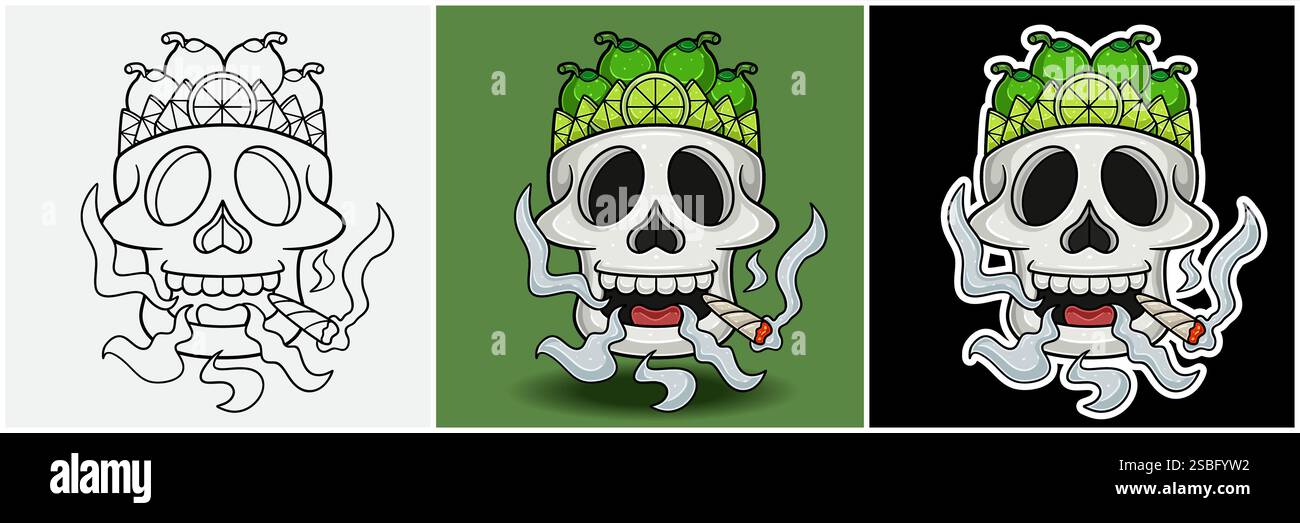 Lime Fruit Inside Skull Head with Smoking Character Cartoon. Bianco e nero, colorato e stile adesivo. Per stampa T-shirt, Logo del marchio, etichetta e mascotte Illustrazione Vettoriale