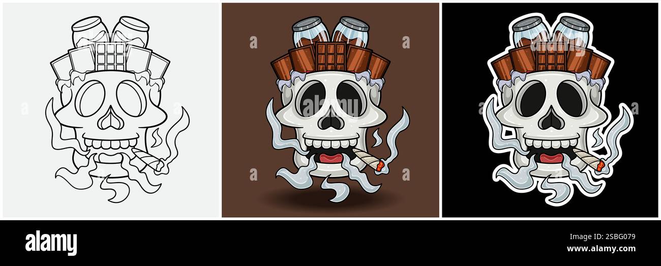 Chocolate Inside Skull Head con fumatore personaggio Cartoon. Bianco e nero, colorato e stile adesivo. Per stampa T-shirt, Logo del marchio, etichetta e Mascotte p Illustrazione Vettoriale