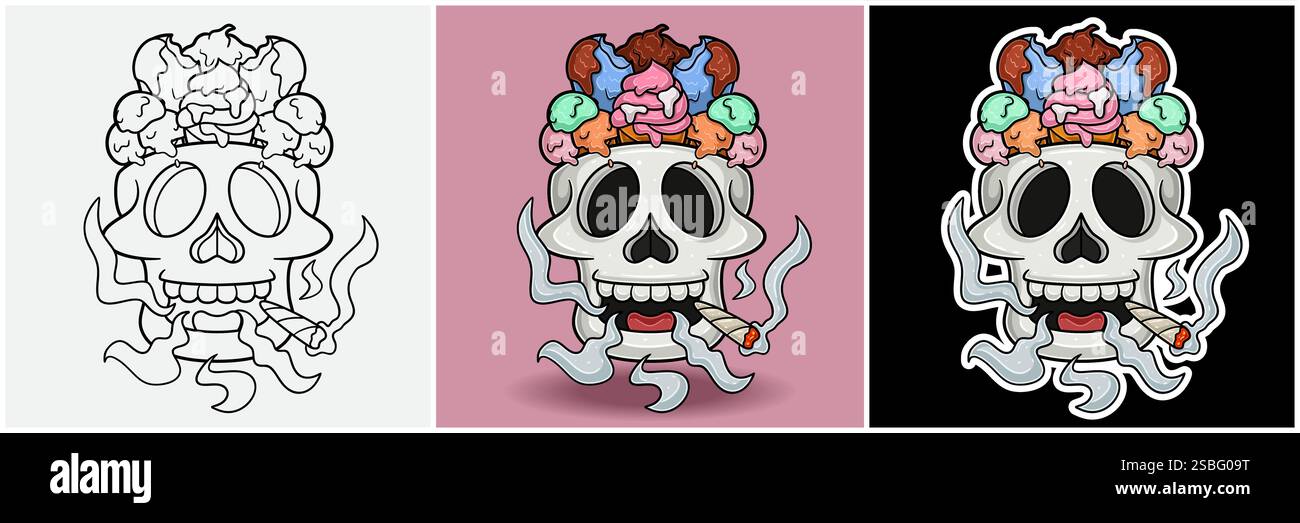 Gelato all'interno della testa del teschio con fumatore. Bianco e nero, colorato e stile adesivo. Per stampa T-shirt, Logo del marchio, etichetta e Mascotte p Illustrazione Vettoriale
