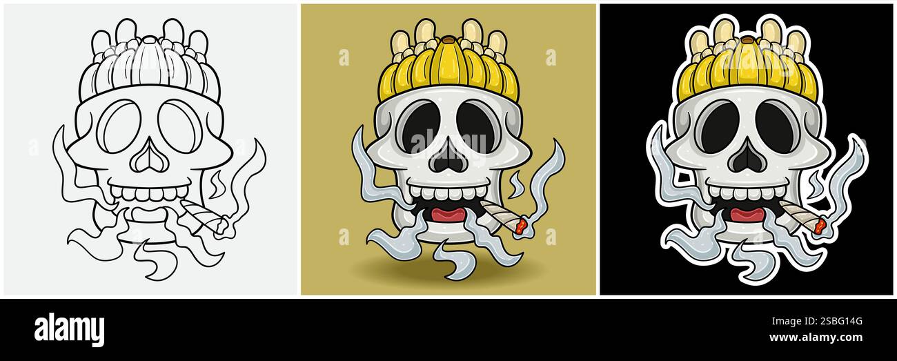 Banana Fruit Inside Skull Head with Smoking Character Cartoon. Bianco e nero, colorato e stile adesivo. Per stampa T shirt, Logo del marchio, etichetta e Masco Illustrazione Vettoriale