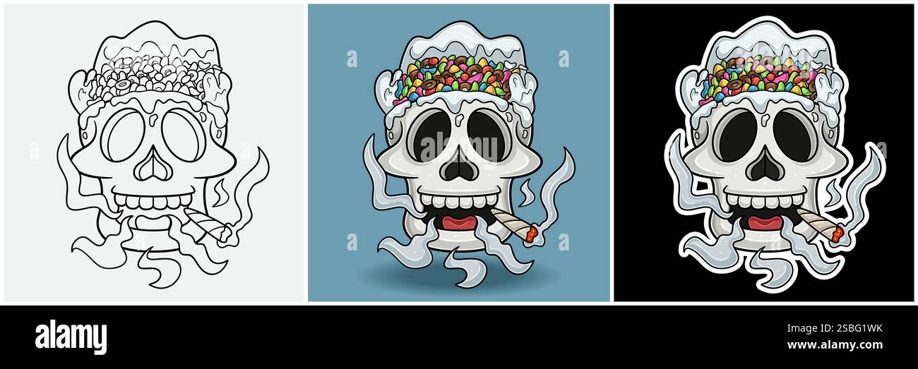 Cereals Inside Skull Head with Smoking Character Cartoon. Bianco e nero, colorato e stile adesivo. Per stampa T-shirt, Logo del marchio, Label e Mascot pro Illustrazione Vettoriale