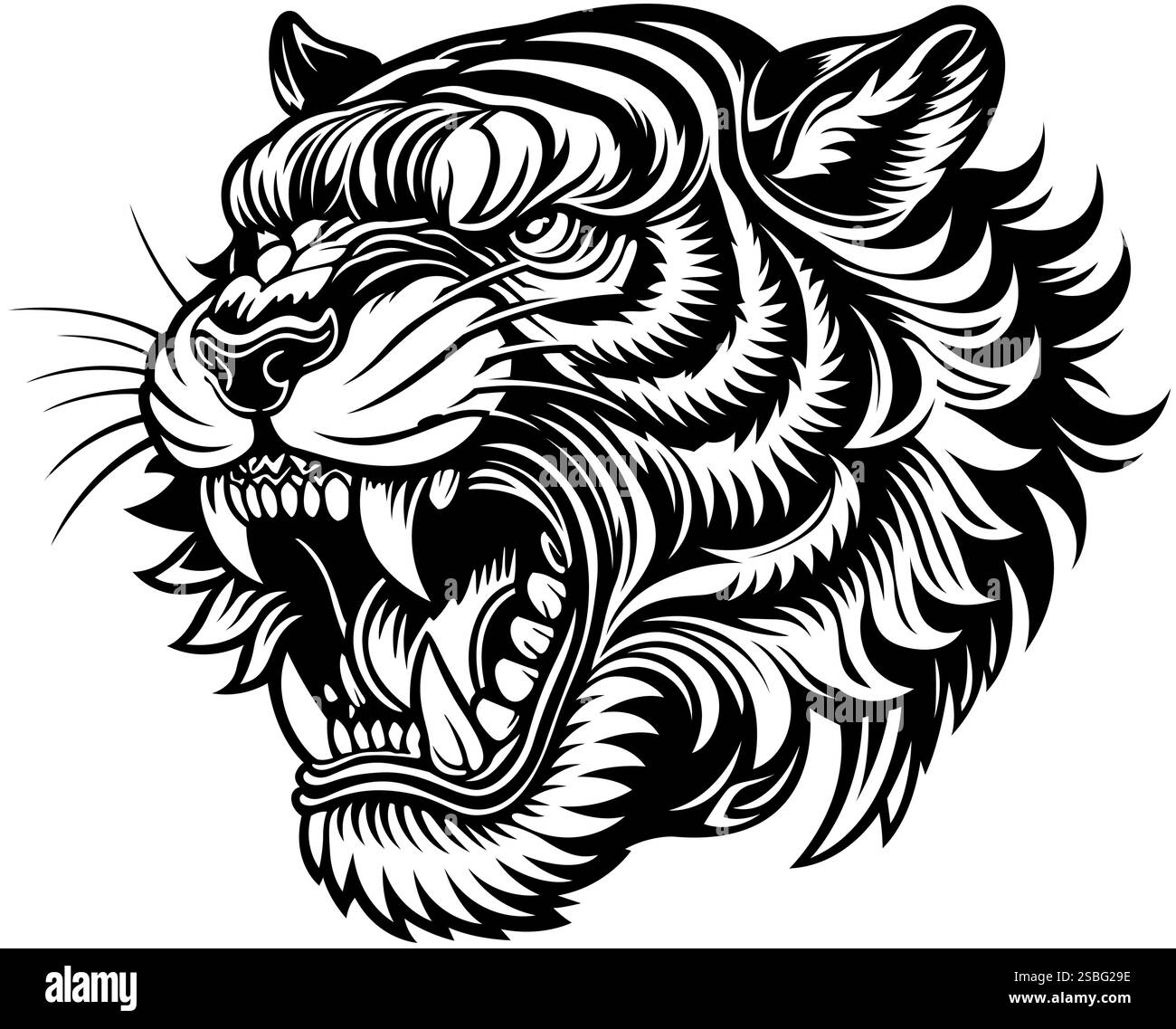 Disegno della testa di tigre bianca e nera con bocca aperta Illustrazione Vettoriale