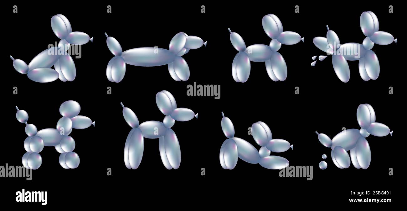 Set di cani per bollature 3D. Pallone Chrome Helium a forma di cucciolo seduto, scoppiettante e in stile 3d realistico. Illustrazione vettoriale isolata su sfondo nero. Animali scultorei metallici. Illustrazione Vettoriale