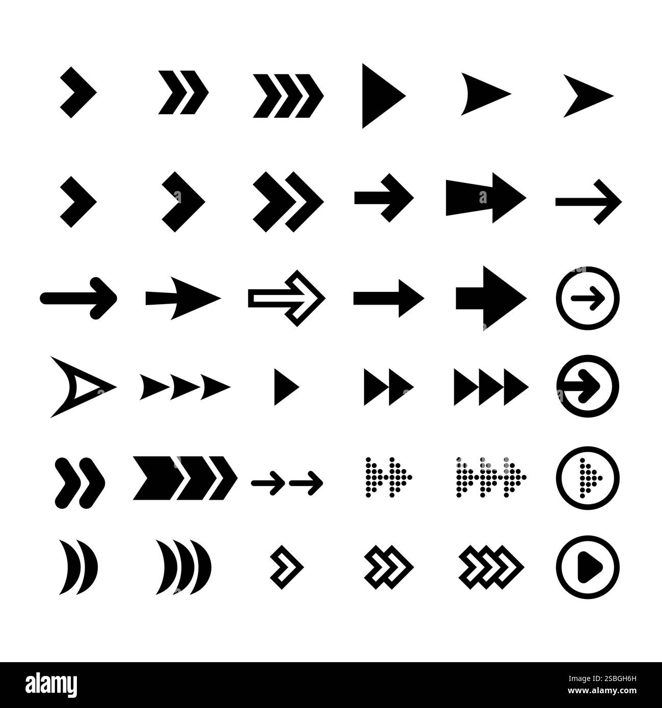 Serie di frecce vettoriali nere di stile a destra isolate su bianco. Gruppo di vettori freccia. Arrows Vector Illustrations Collection Illustrazione Vettoriale