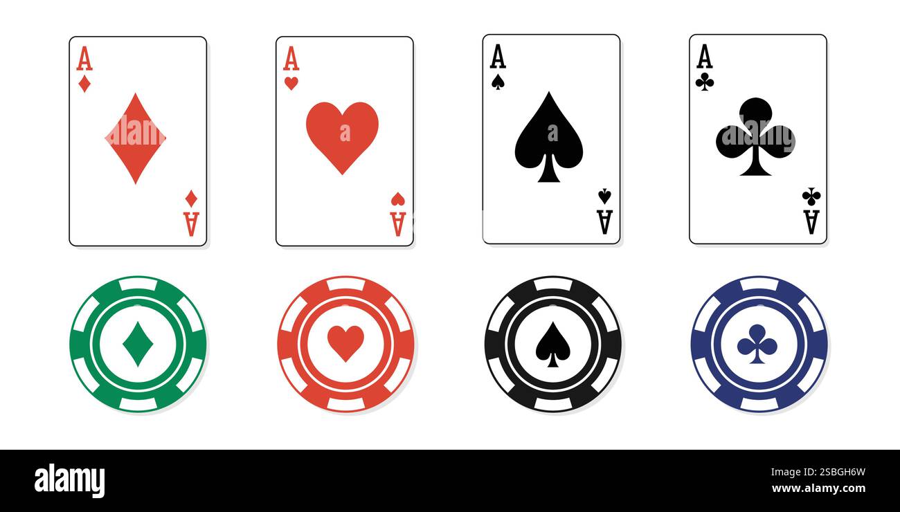 carte da poker asino e patatine. Assi delle carte. assi di tutte e quattro le tute, diamanti, picche, cuori, club Illustrazione Vettoriale
