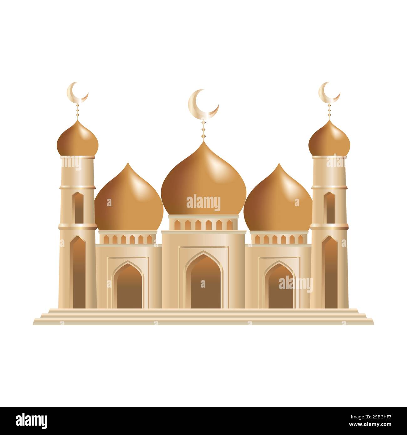 Moschea realistica isolata su sfondo bianco. L'architettura islamica fa riferimento a moschee minareti cupole Illustrazione Vettoriale