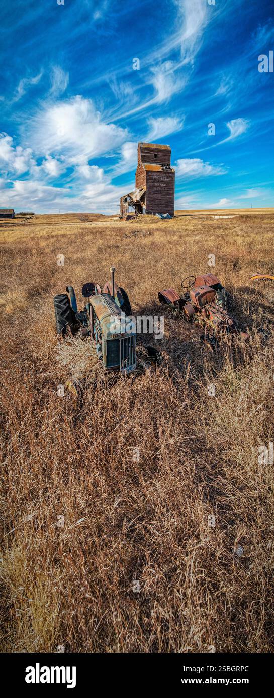 Un trattore è seduto in un campo di erba alta. Il trattore è vecchio e arrugginito. C'è un silo di grano sullo sfondo Foto Stock