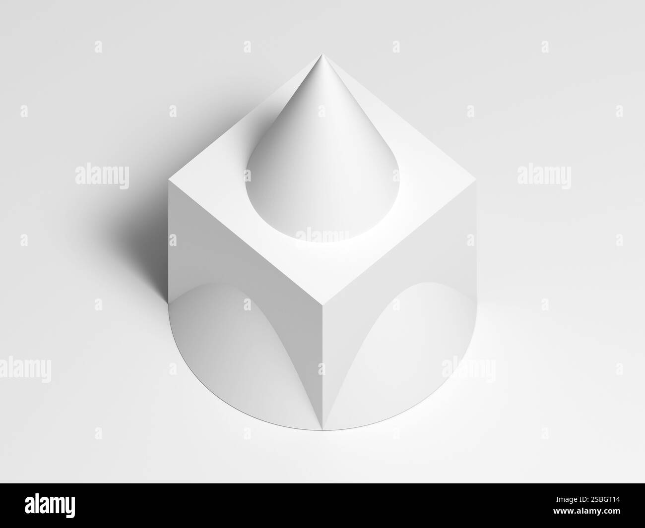 Installazione geometrica bianca astratta, vista isometrica, una scatola unita a un cono, illustrazione di rendering 3d. Foto Stock