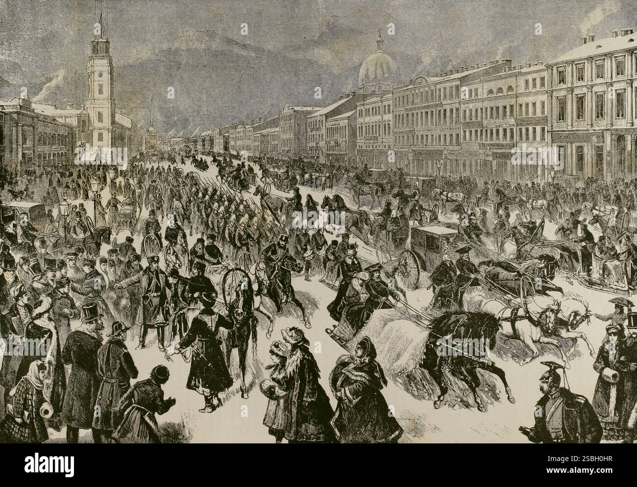 Storia della Russia. San Pietroburgo. Prospettiva Nevsky in inverno. Incisione. La ilustración. Revista hispano-americana, 1884. Foto Stock