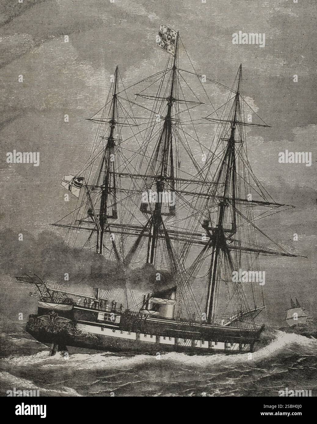 Viaggio del principe ereditario Federico Guglielmo (1831-1888) in Spagna. Corvetta a vapore "SMS Prinz Adalbert" (principe Adalberto) sulla quale il principe Federico fece la traversata da Genova a Valencia. Incisione. La ilustración. Revista hispano-americana, 1883. Foto Stock