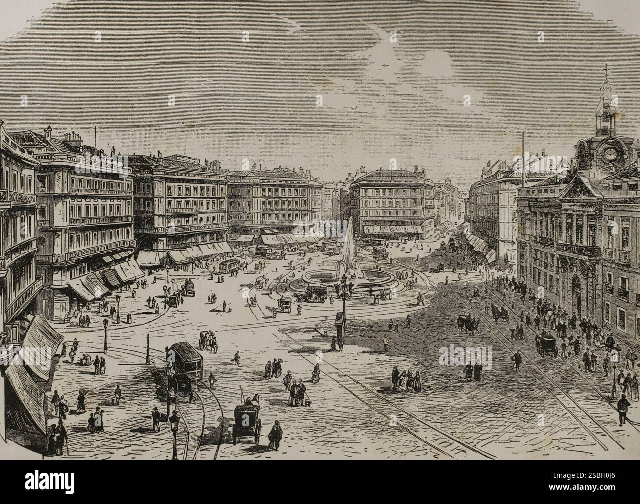 Storia della Spagna. Madrid. La Puerta del Sol (porta del Sole). Vista generale. Incisione. La ilustración. Revista hispano-americana, 1883. Foto Stock