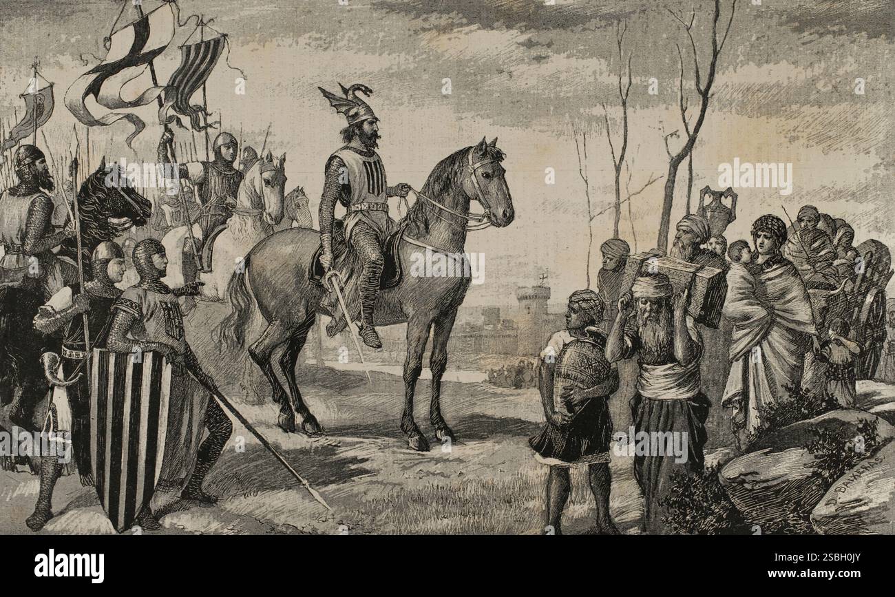 Giacomo i il Conquistatore (1208-1276). Conte di Barcellona e re d'Aragona (1213-1276), Valencia (1239-1276) e Maiorca (1229-1276). Conquista di Valencia. Resa di Valencia. Il 28 settembre 1238 fu firmata la resa della città. Giacomo i assistette alla partenza degli abitanti di Valencia con i loro effetti personali. Questa era una delle condizioni stabilite da re Zayyan per firmare la capitolazione. Incisione su composizione e disegno di Dionisio Baixeras (1862-1943). La Ilustración. Revista Hispano-americana, 1884. Foto Stock