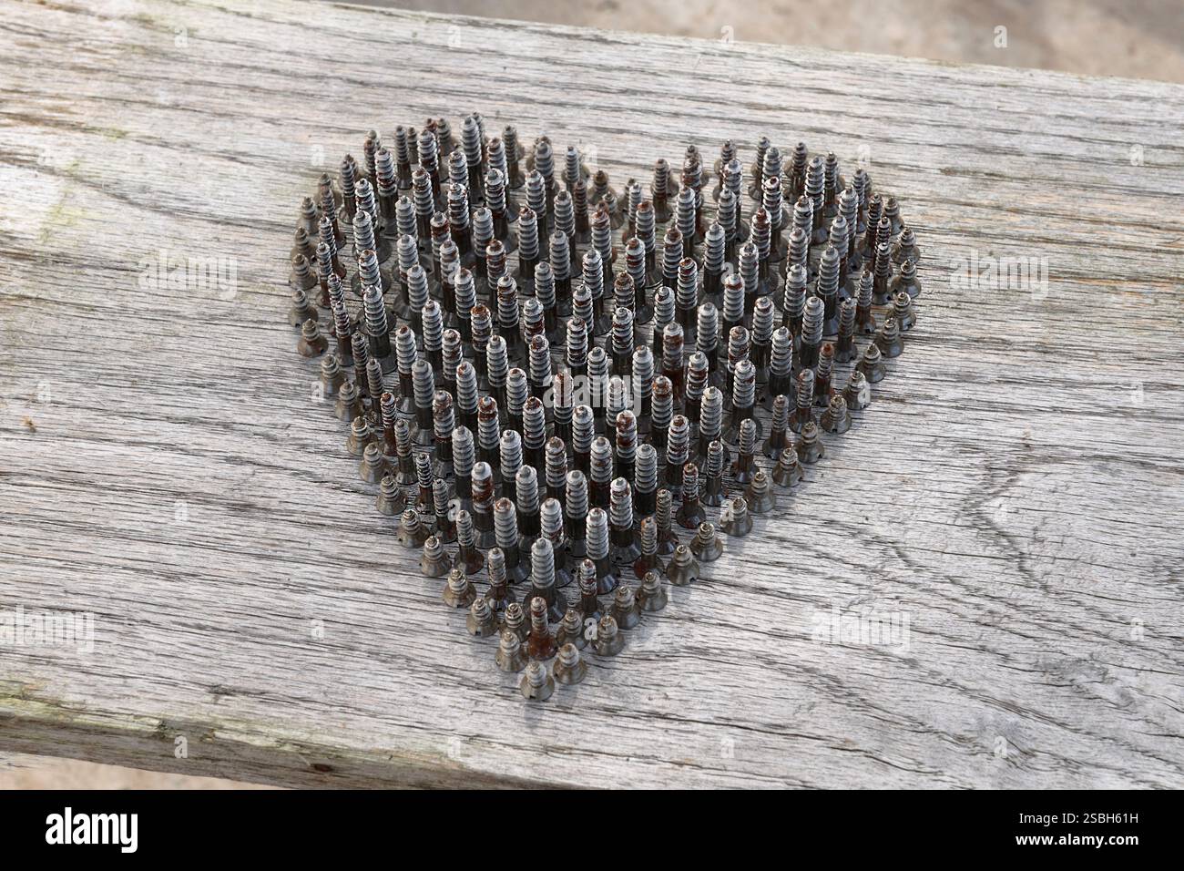 Forma a cuore realizzata con piccole viti metalliche per la lavorazione del legno posizionate sulle loro teste, in piedi da spalla a spalla. Sfondo di legno intemprato. Foto Stock