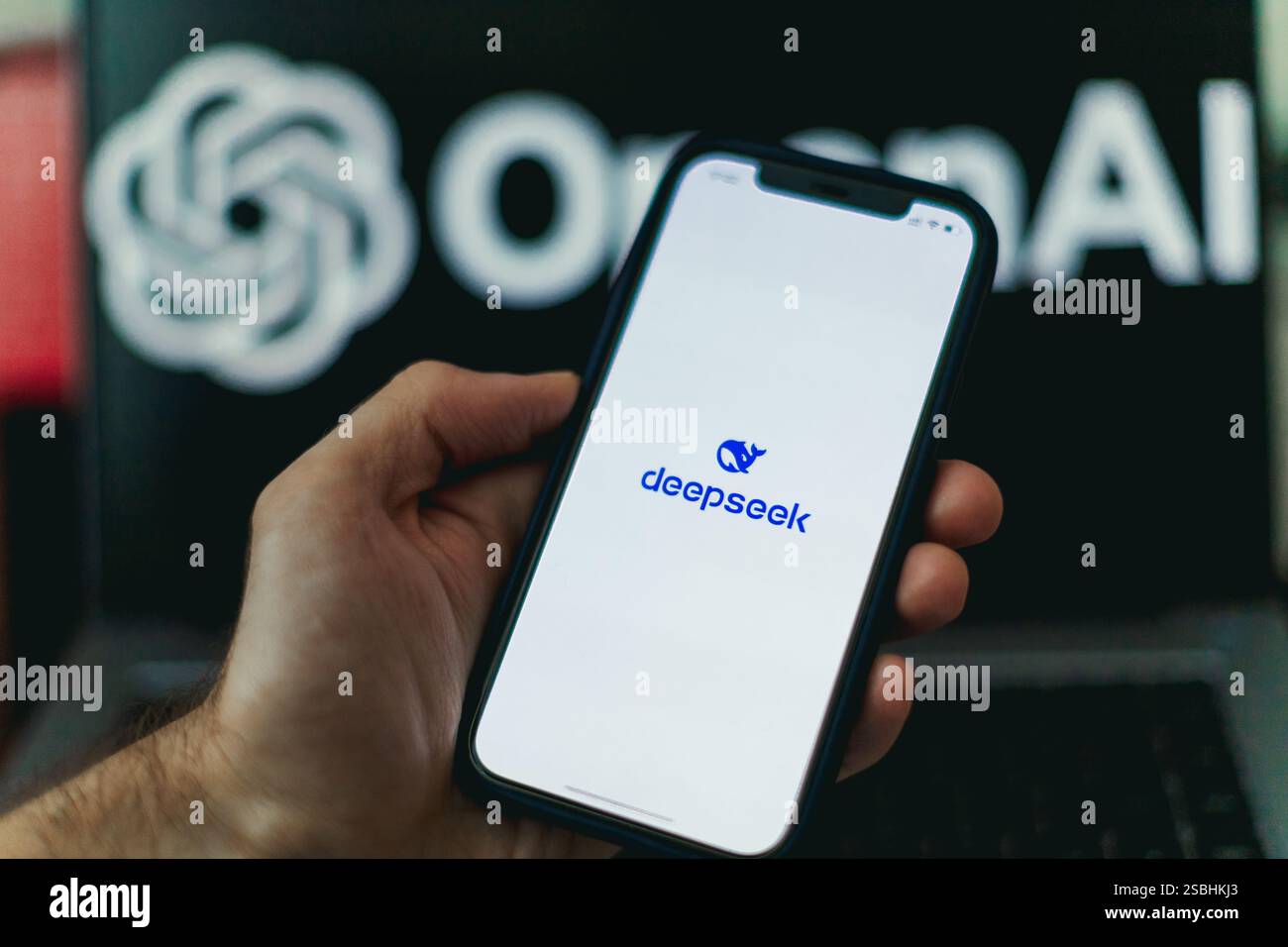 Minsk, Bielorussia 03 febbraio 2025: Il logo Deepseek ai viene visualizzato sullo smartphone. Foto Stock