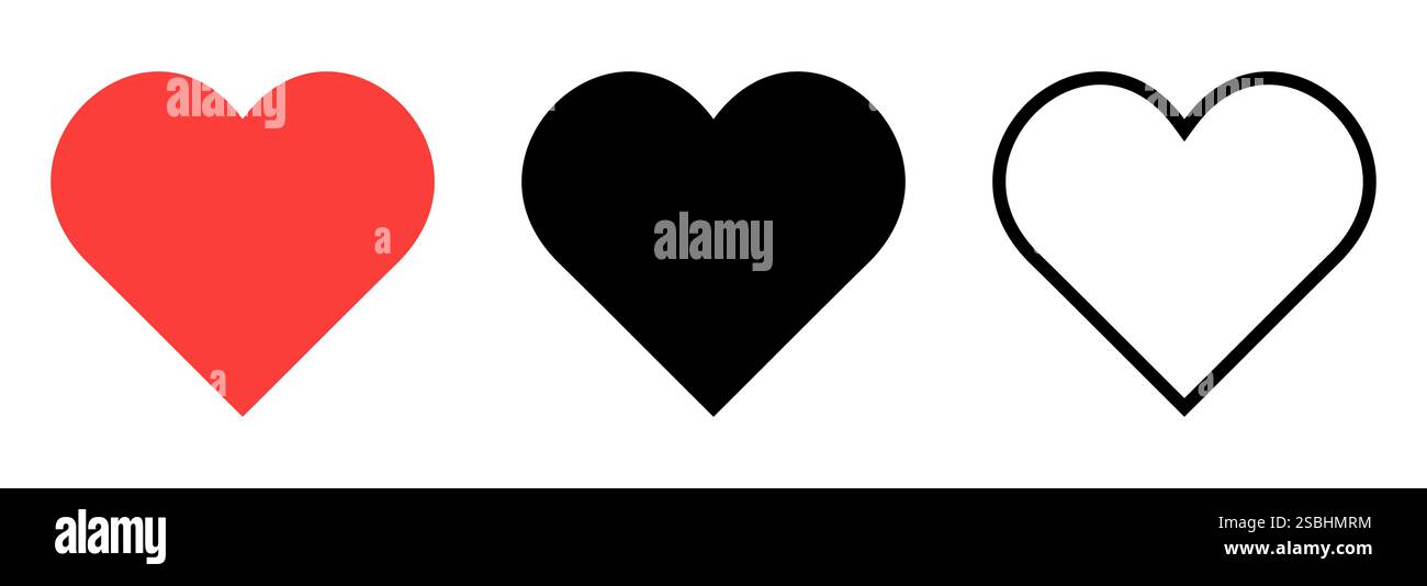 Icona cuore. Icone rosse, nere e lineari del cuore. Set di cuori. Illustrazione vettoriale Illustrazione Vettoriale