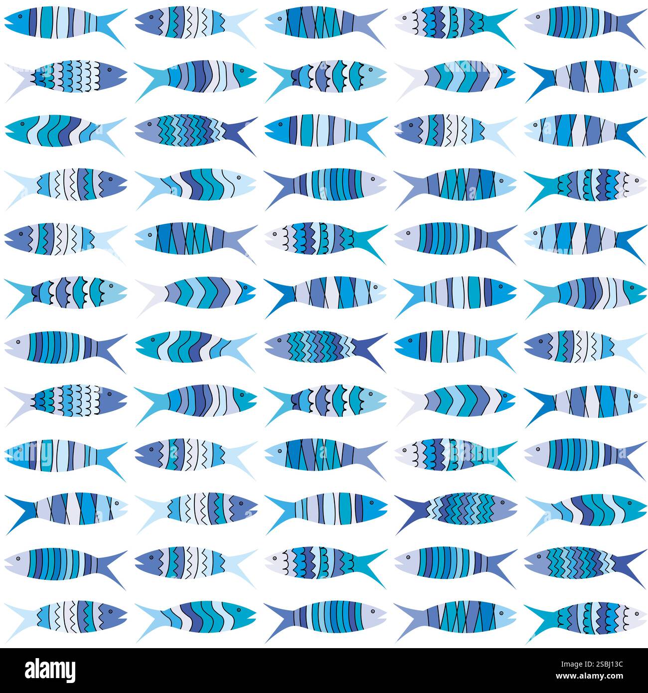 Sfondo con pesci stilizzati blu allineati in righe Illustrazione Vettoriale