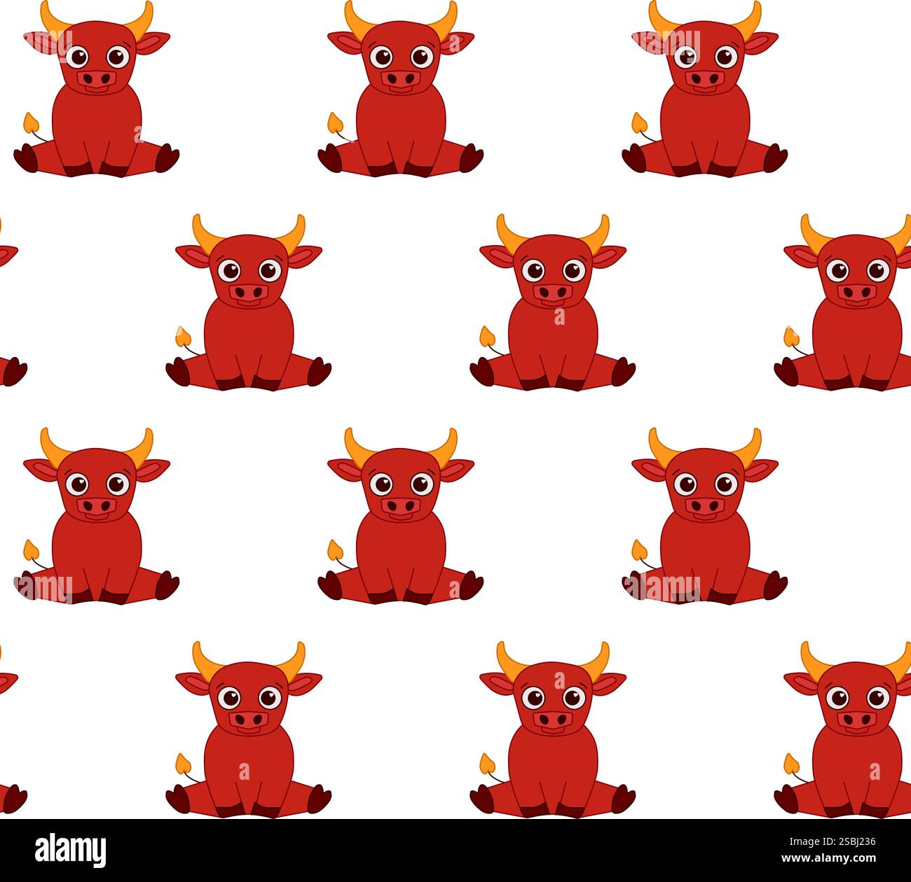 Bellissimo carino toro con motivo a fumetti senza cuciture. Carino animale da fattoria. Stile disegnato a mano. Disegno vettoriale. Decorazioni di design. Illustrazione Vettoriale