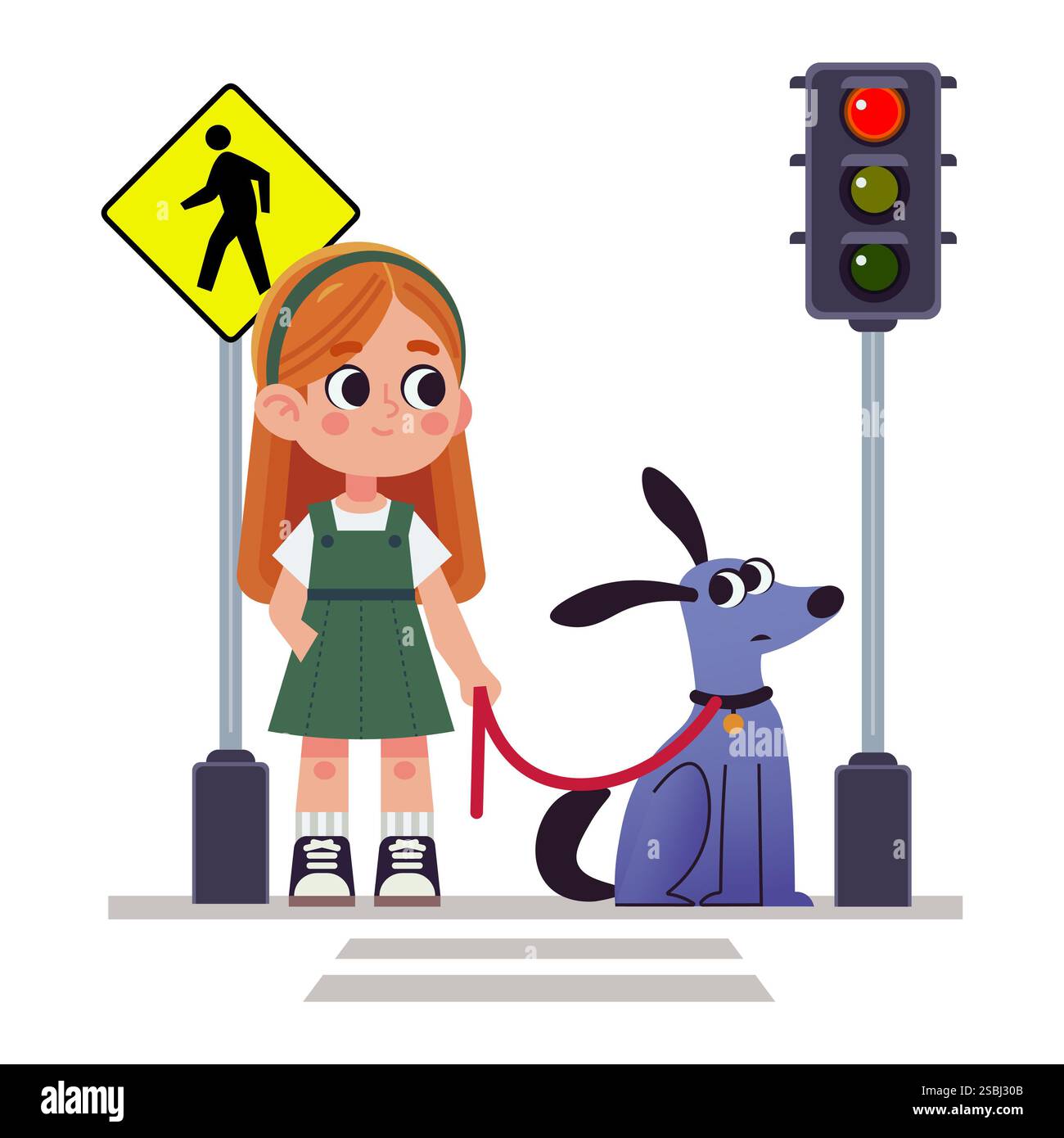 Ragazza dei cartoni animati in piedi accanto all'attraversamento pedonale tenendo un cane al guinzaglio. Isolato su bianco Foto Stock