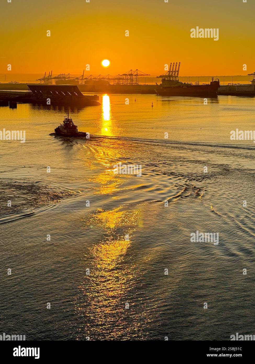 Le Havre, Francia, Europa - 16 gennaio 2025: Sagoma delle gru container nel porto di le Havre all'alba con un rimorchiatore che naviga in primo piano - Immagine stock catturata con smartphone
