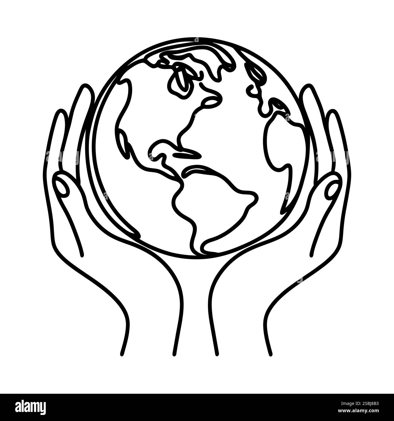 Pianeta lineare Terra nelle mani, isolato su sfondo bianco. Pianeta Terra disegnato a mano nera nelle mani. Illustrazione vettoriale Illustrazione Vettoriale