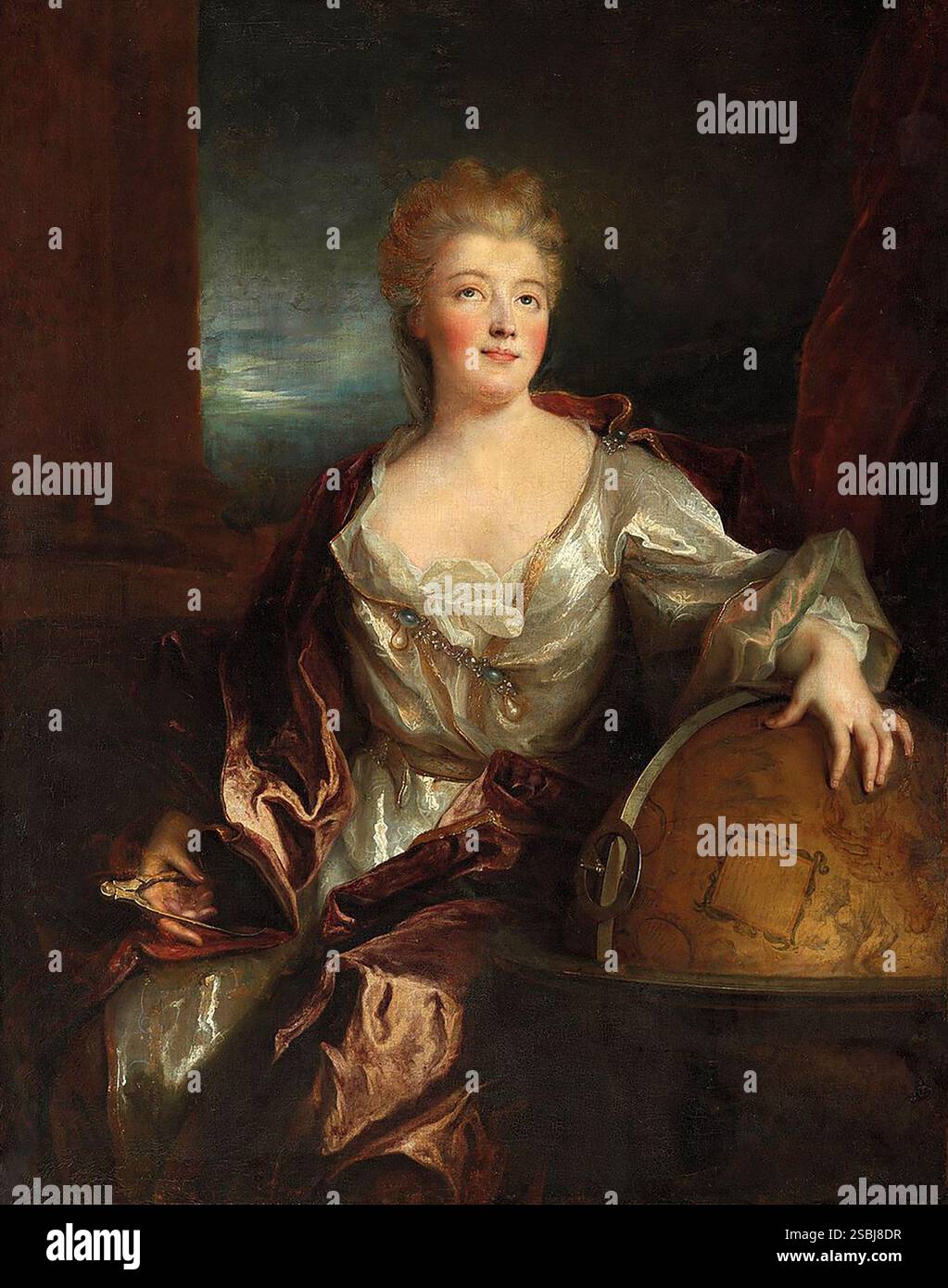 Dipinto di Gabrielle Emilie de Breteuil, Marchesa du Chatelet, di Nicolas de Largilliere (1656-1746). Emilie du Chatelet (1706-1749) è stata una filosofa e matematica francese nota per la sua traduzione e il commento al libro di Isaac Newton sulle leggi della fisica del 1687, Philosophiae Naturalis Principia Mathematica. Il suo commento include un contributo alla meccanica newtoniana. Foto Stock