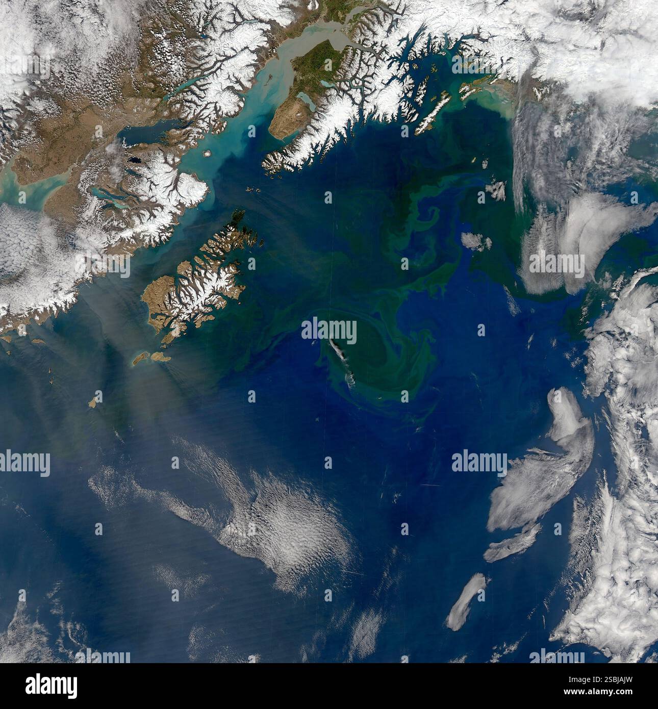 L'aumento dell'illuminazione solare porta una crescita maggiore di fitoplancton nel Golfo dell'Alaska ogni primavera. Immagine acquisita il 9 maggio 2014. Foto Stock
