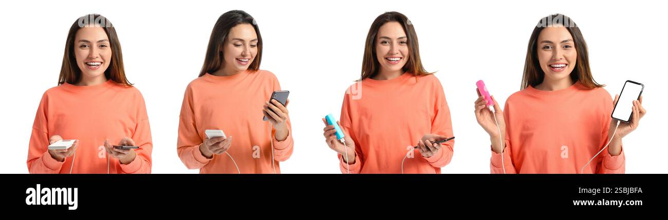 Collage di giovani donne con power Bank e telefoni cellulari su sfondo bianco Foto Stock