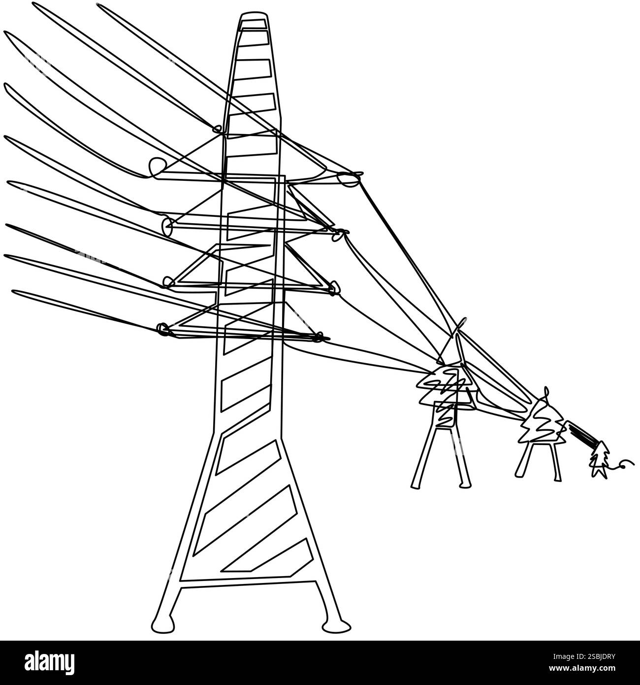 Pali con fili elettrici in una linea su sfondo bianco. Illustrazione Vettoriale