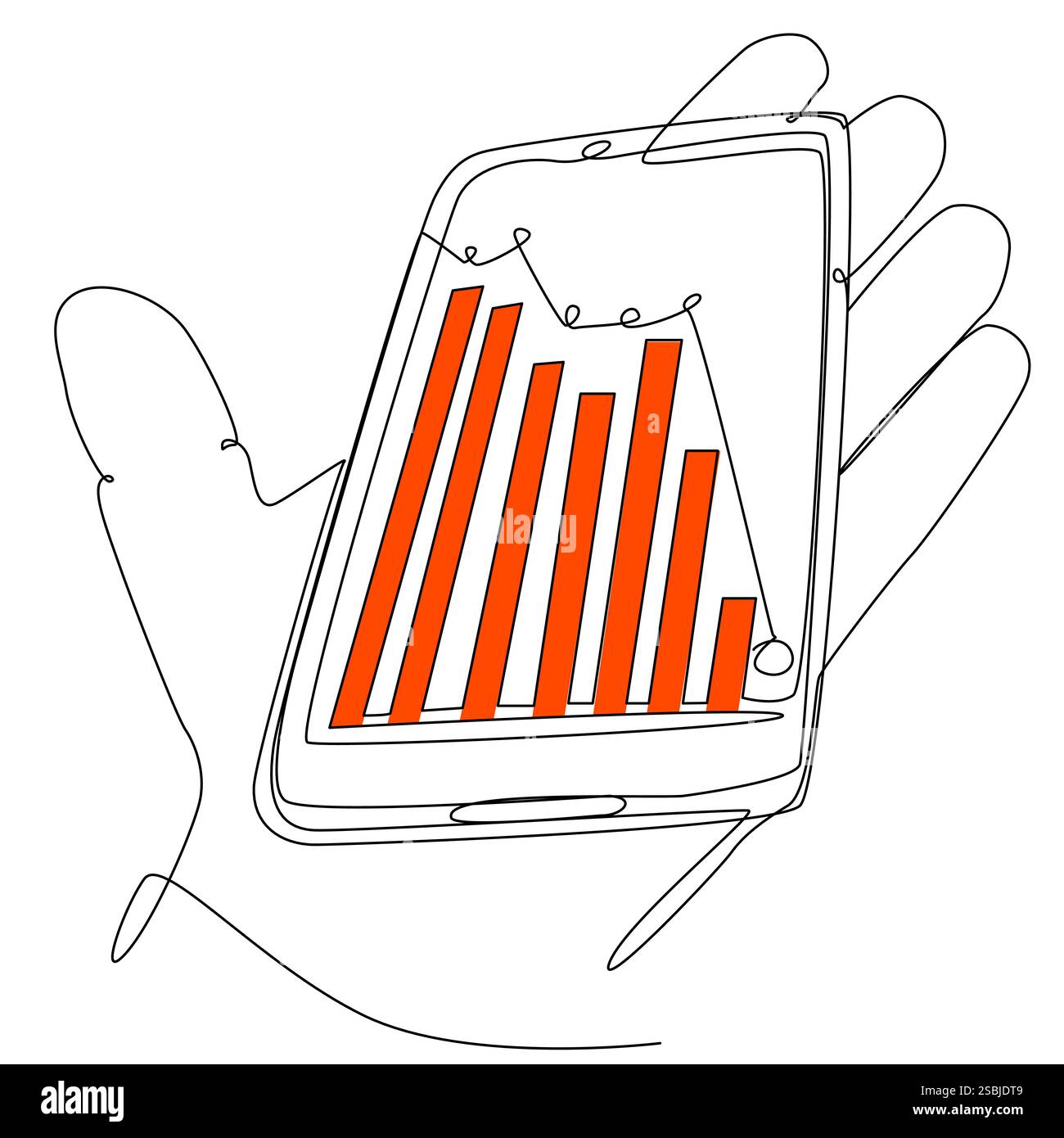 Smartphone con un grafico finanziario in caduta nel palmo della mano. Illustrazione Vettoriale
