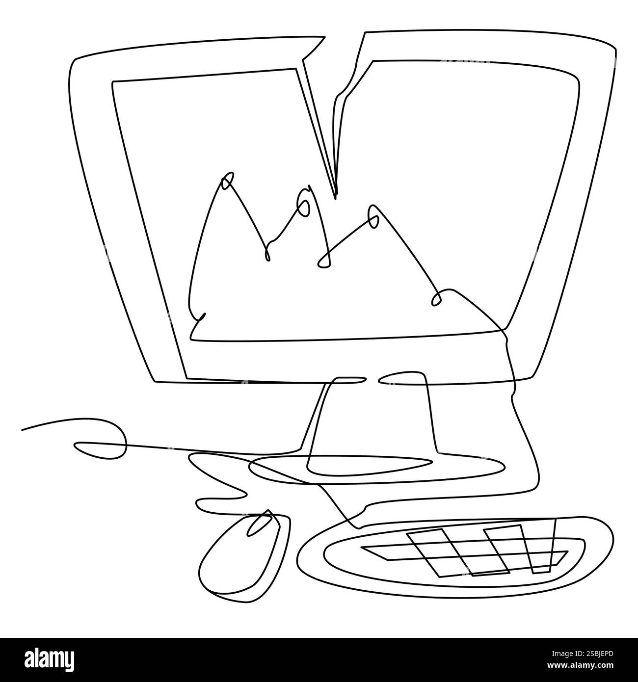 Monitor incrinato con grafico a una linea che cade su uno sfondo bianco. Illustrazione Vettoriale