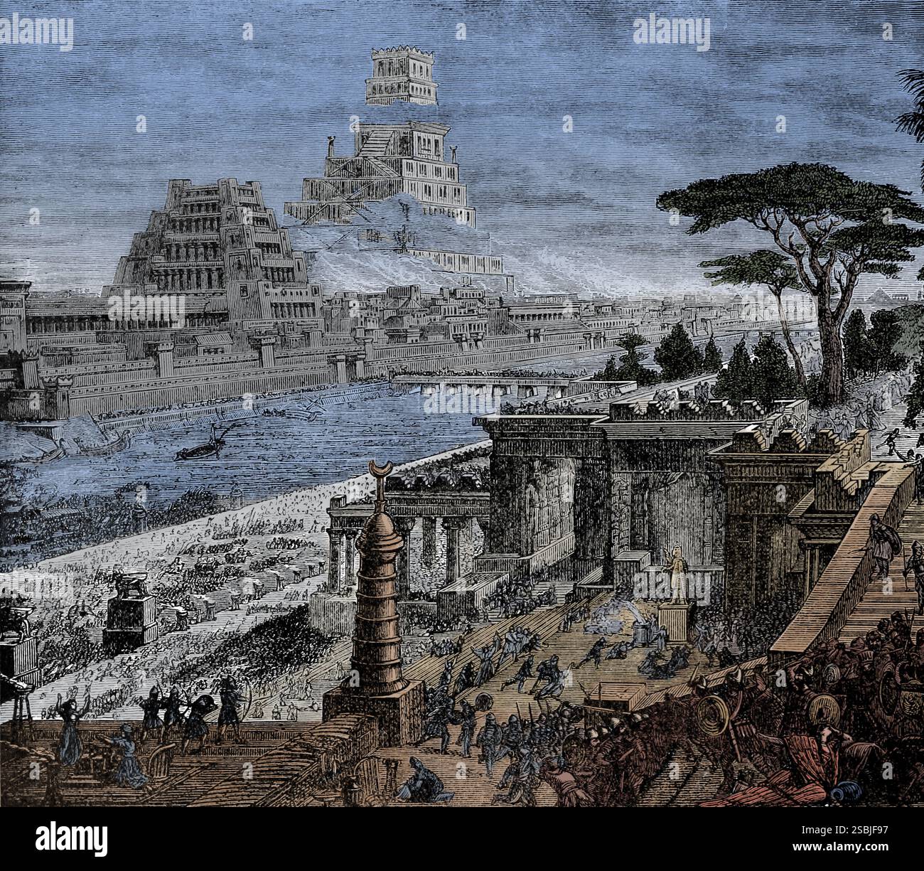 Nabonido fu l'ultimo re dell'Impero neo-babilonese. Fece arrabbiare i sacerdoti e i cittadini comuni di Babilonia trascurando il dio principale della città, Marduk, e elevando il dio della luna, sin, allo status più alto. Fu catturato dai Persiani nel 539 a.C. e Babilonia fu occupata, ponendo così fine all'Impero neo-babilonese. Illustrazione da Cyclopedia of Universal History di John Clark Ridpath, 1890. Foto Stock