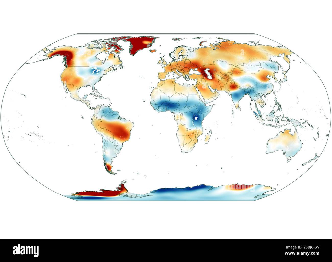 Questa mappa dati mostra dove la massa superficiale del pianeta nell'agosto 2020 si è discostata dalla media per tutti i mesi tra il 2004 e il 2009. Le aree di rosso e arancione indicano dove la massa superficiale della Terra è diminuita, principalmente a causa dei cambiamenti nella quantità di acqua, tra cui neve e ghiaccio. Le aree blu mostrano dove è cresciuta la massa. Si noti che i cambiamenti più drammatici si concentrano nelle aree ricche di ghiaccio dell'Antartide occidentale, della Groenlandia e dell'Alaska sud-orientale. Mappa basata sui dati satellitari GRACE e GRACE-FO. Foto Stock