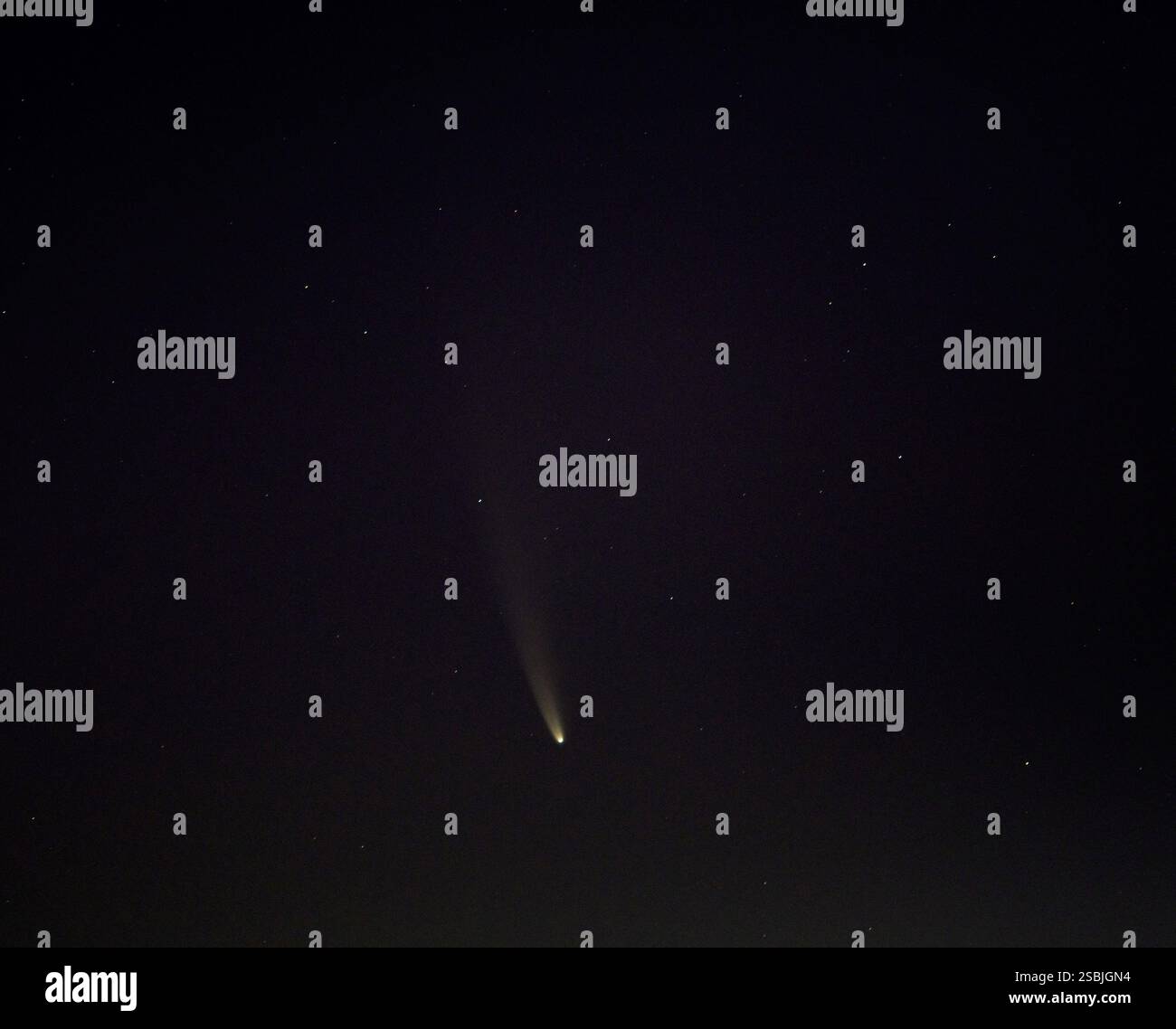 La cometa C/2020 F3 NEOWISE viene vista prima dell'alba sopra Washington DC, domenica 12 luglio 2020. La cometa è stata scoperta dal Near-Earth Object Wide-Field Infrared Survey Explorer della NASA, o NEOWISE, il 27 marzo 2020. Il suo avvicinamento più vicino alla Terra sarà il 22 luglio, a una distanza di circa 64 milioni di miglia (103 milioni di chilometri). La cometa impiega circa 6.800 anni per completare la sua orbita, quindi non ci sarà più visibile per molte migliaia di anni. Foto Stock