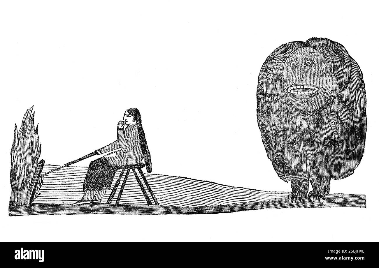 La Flying Head è stata messa in volo da una donna che parlava ghiande. Disegno di David Cusick, tratto da Sketches of Ancient History of the Six Nations di Cusick (1848). La testa volante, nota anche come grande testa o grande testa, è uno spirito cannibalistico della mitologia irochese e Wyandot. Foto Stock