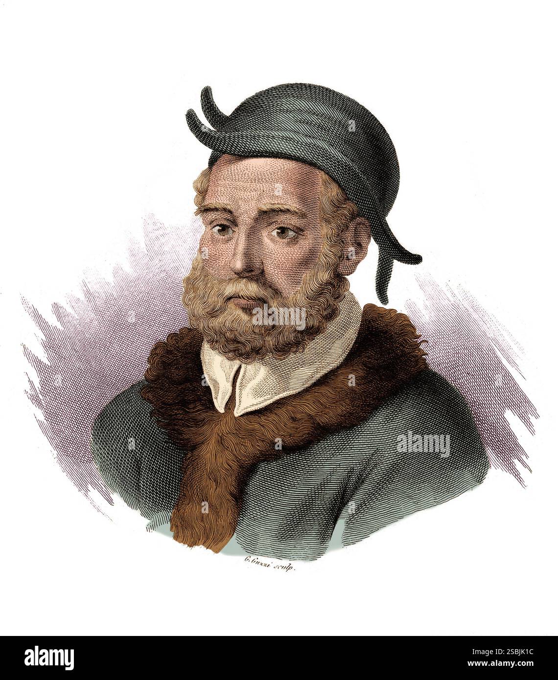 Andrea Cesalpino (1519 - 1603), medico, filosofo e botanico italiano. Il suo De plantis libri XVI (1583) è considerato il primo libro di testo sulla botanica, una disciplina che aiutò a fondare. Incisione di G. Guzzi, intorno al 1830, dopo Giuseppe Zocchi. Colorato. Foto Stock