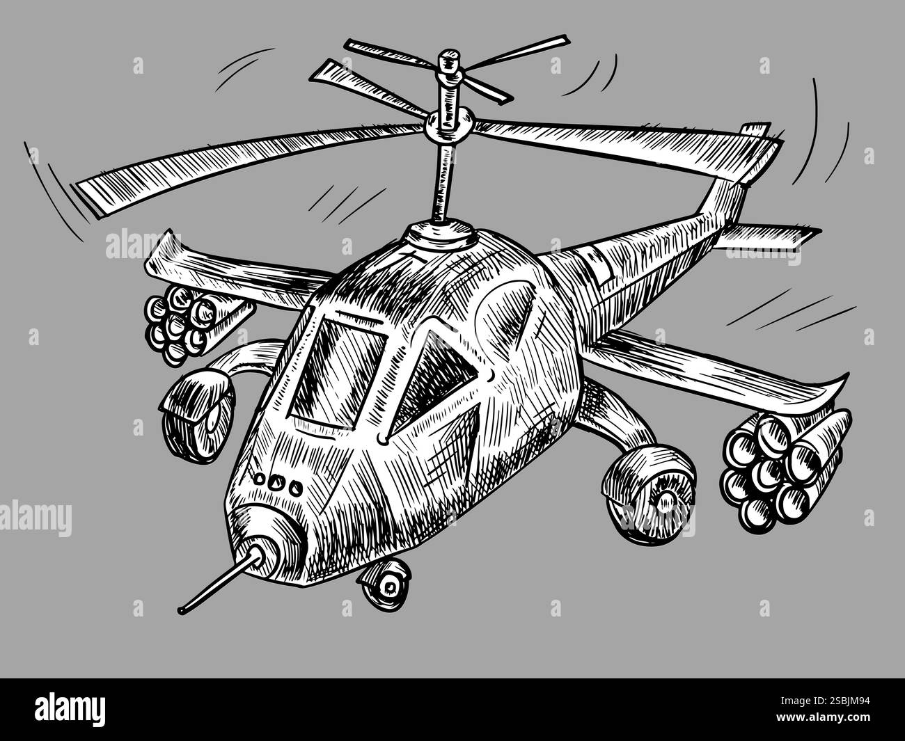 Elicottero militare in stile sketch su sfondo grigio. Illustrazione Vettoriale