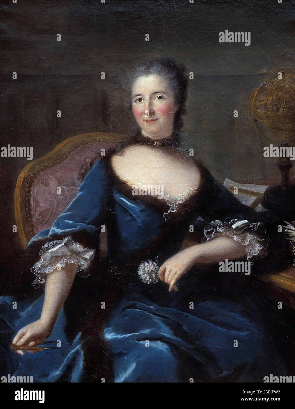 Dipinto di Gabrielle Emilie de Breteuil, Marchesa du Chatelet, di Marianne Loir (1712-1781). Emilie du Chatelet (1706-1749) è stata una filosofa e matematica francese nota per la sua traduzione e il commento al libro di Isaac Newton sulle leggi della fisica del 1687, Philosophiae Naturalis Principia Mathematica. Il suo commento include un contributo alla meccanica newtoniana. Foto Stock
