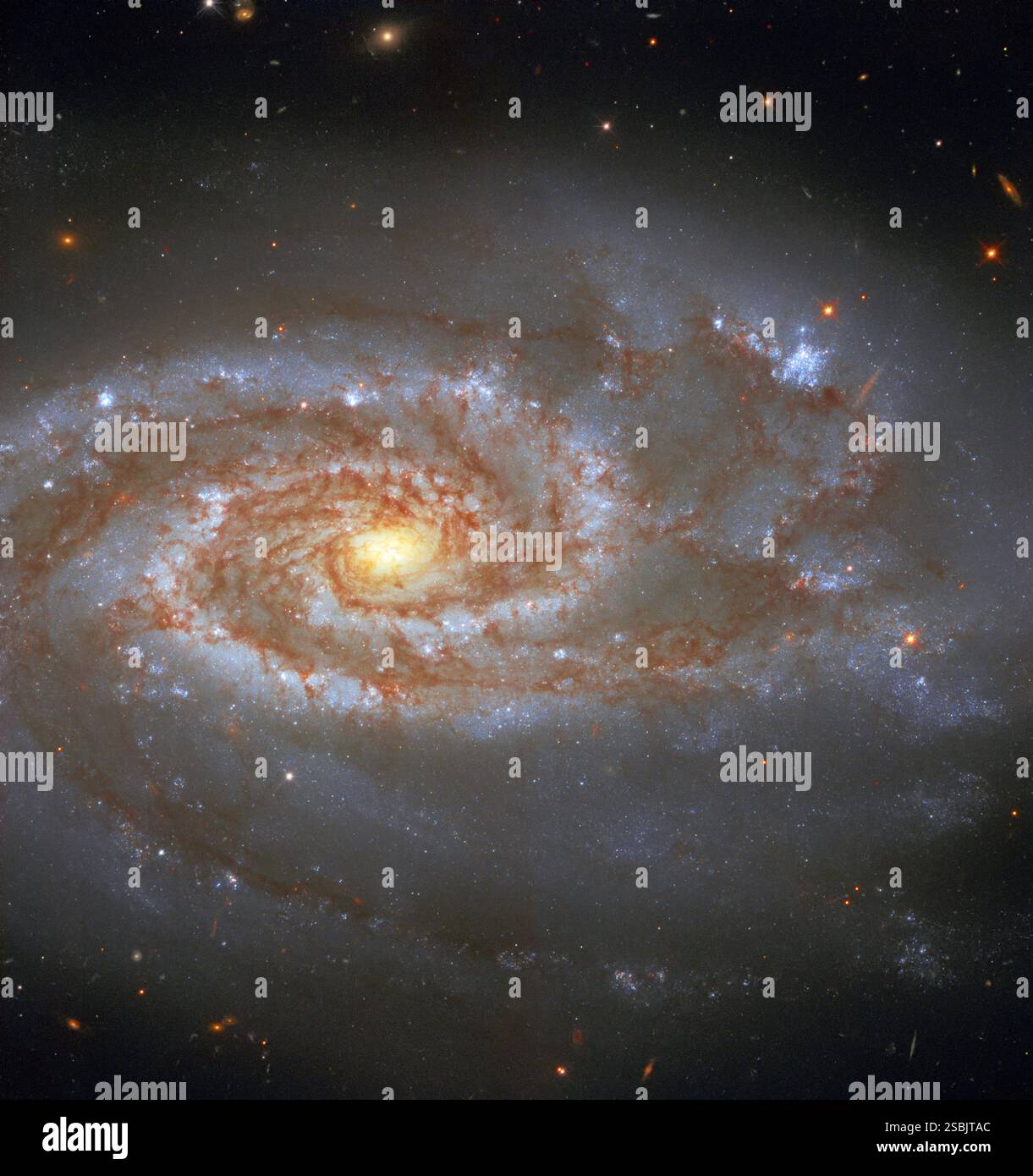 La galassia a spirale NGC 5861 vive a circa 85 milioni di anni luce dalla Terra, nella costellazione di Libra. NGC 5861 è una galassia a spirale intermedia. Gli astronomi classificano la maggior parte delle galassie in base alla loro morfologia. La via Lattea è una galassia a spirale bloccata. Una galassia a spirale intermedia ha una forma che si trova tra quella di una galassia a spirale barrata, una che sembra avere una struttura centrale a forma di barra, e quella di una galassia a spirale non barrata, una senza barra centrale. Due supernovae sono state osservate nella galassia. Immagine del telescopio spaziale Hubble. Foto Stock