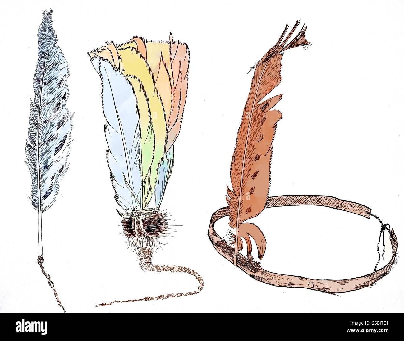 Illustrazione di tre tipi di copricapo Cherokee, piume di falco e aironi, indossate dai ballerini, Carolina del Nord. Illustrazione di John Witthoft, c. 1930-1950. Acquisita dall'antropologo americano Frank G. Speck (1881-1950). Foto Stock