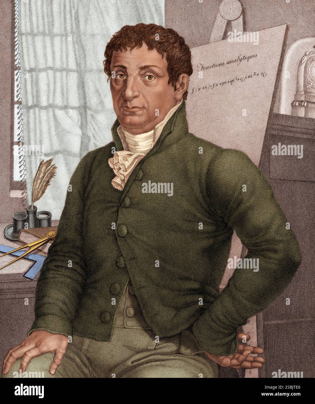 Joseph-Louis Lagrange (1736-1813), noto anche come Giuseppe Luigi Lagrangia, matematico e astronomo italo-francese che diede contributi significativi ai campi dell'analisi, della teoria dei numeri e della meccanica classica e celeste. Incisione e incisione di Luigi Rados su disegno di Roberto Focosi, 1827. Colorato. Foto Stock