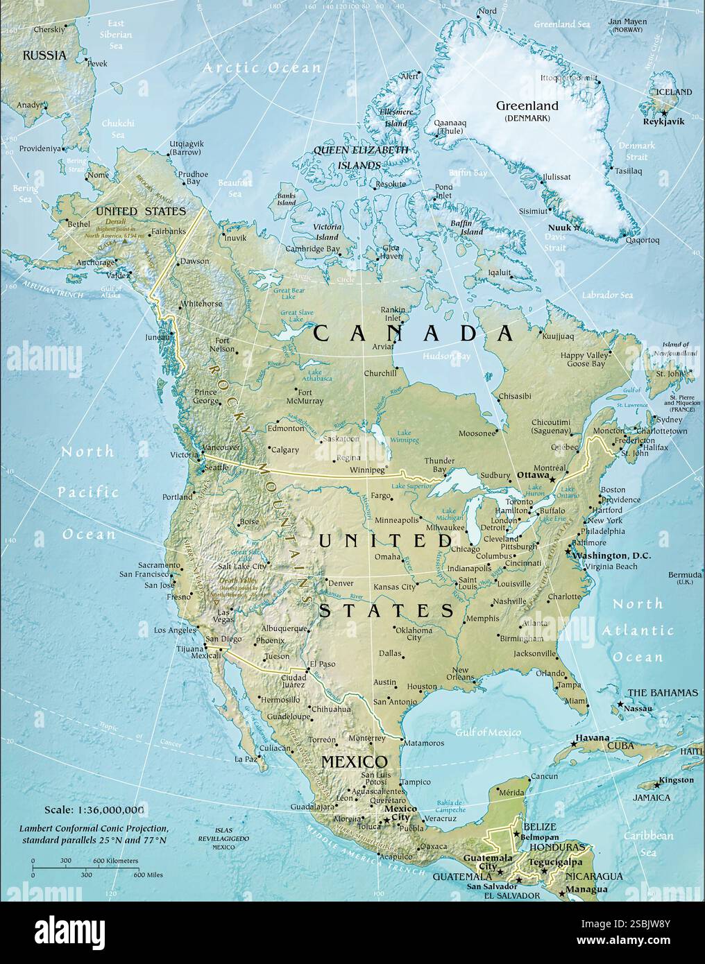 Una mappa del Nord America. Foto Stock