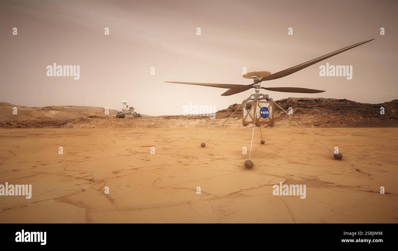 Questo concetto dell'artista mostra il Mars Helicopter, un piccolo velivolo a rotazione autonomo, che viaggerà con la missione Mars 2020 rover della NASA, attualmente prevista per il lancio nel luglio 2020, per dimostrare la vitalità e il potenziale dei veicoli più pesanti dell'aria sul pianeta Rosso. Foto Stock