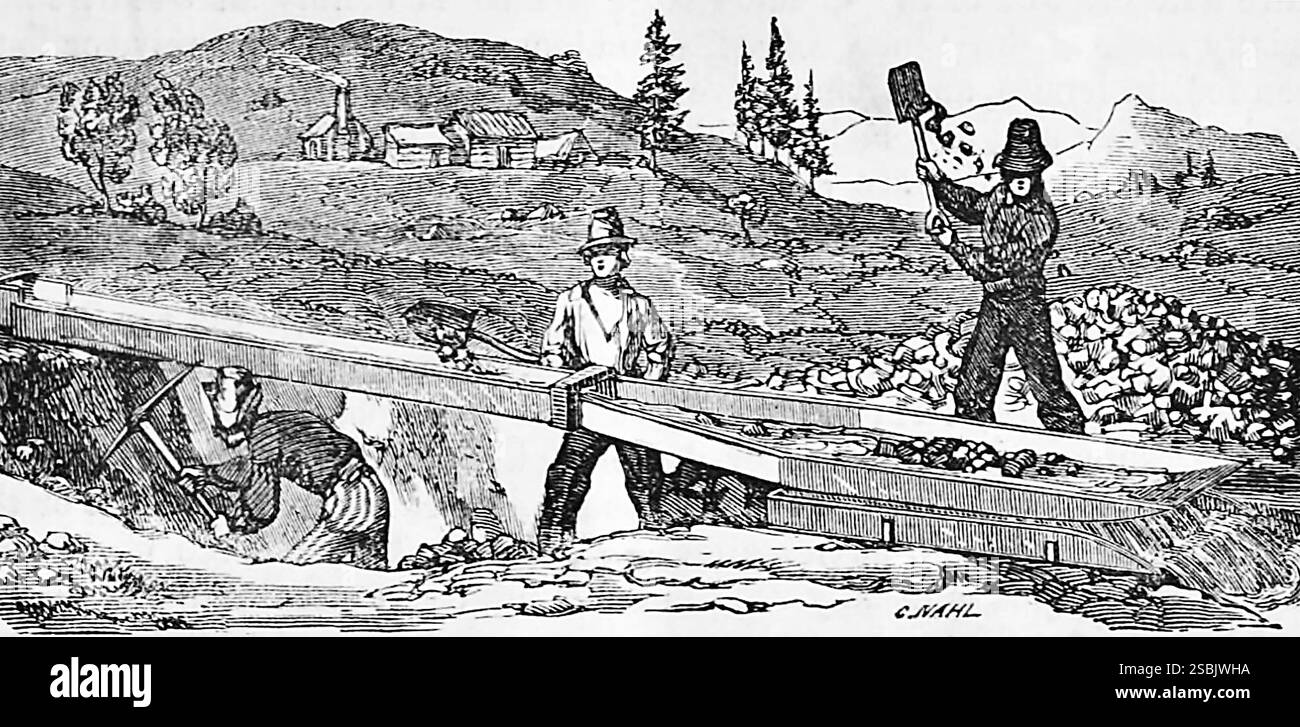 I minatori d'oro usano il Long Tom o Broad Tom, una scatola di luice modificata, durante la corsa all'oro della California. Illustrazione tratta dal Libro dei minatori, 1858. Foto Stock