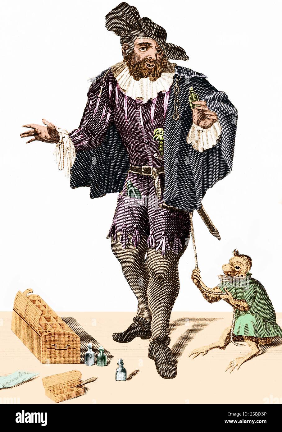 Hans Buling, un venditore ambulante di medicina, che mostra le sue merci con l'aiuto di una scimmia. Incisione di G. Walker, 1792, dopo Marcellus Laroon. Colorato. Foto Stock