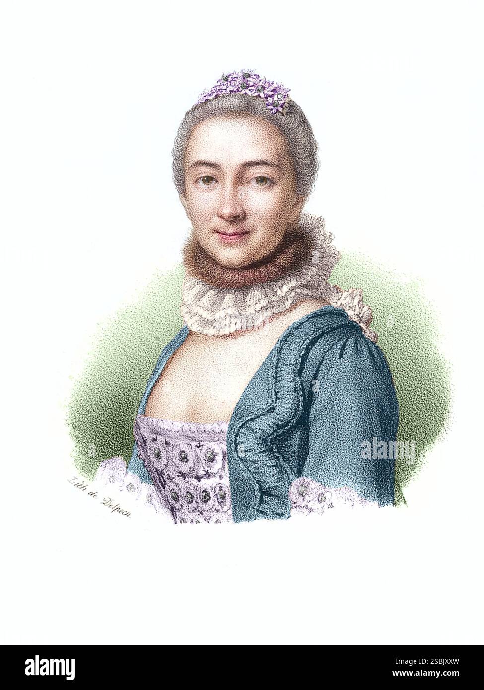 Litografia di Gabrielle Emilie de Breteuil, Marquise du Chatelet. Emilie du Chatelet (1706-1749) è stata una filosofa e matematica francese nota per la sua traduzione e il commento al libro di Isaac Newton sulle leggi della fisica del 1687, Philosophiae Naturalis Principia Mathematica. Il suo commento include un contributo alla meccanica newtoniana. Incisione anonima, c. 1818-1842. Colorato. Foto Stock