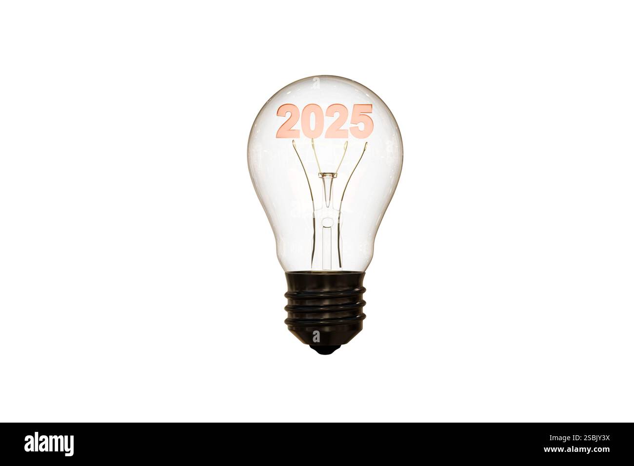 Modello 3D di una lampadina a incandescenza e l'anno 2025 all'interno della lampadina su sfondo bianco, luce proveniente dalla lampadina Foto Stock