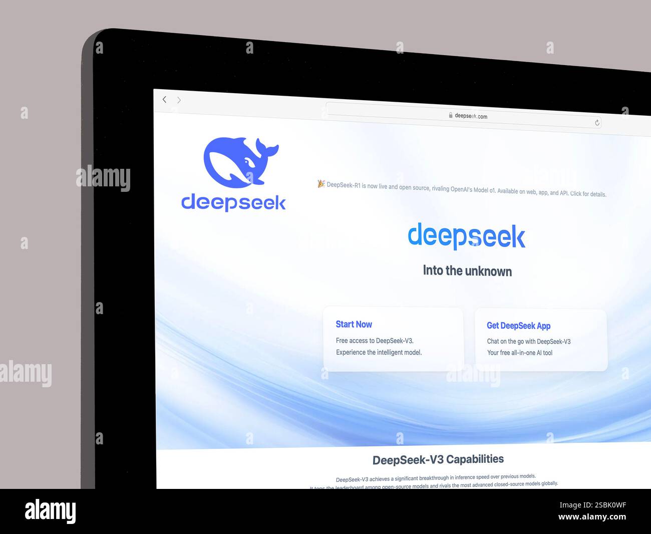Logo DeepSeek sulla home page dello schermo del computer. DeepSeek è diventata l'app gratuita più scaricata negli Stati Uniti solo una settimana dopo il suo lancio. Copenaghen, Foto Stock