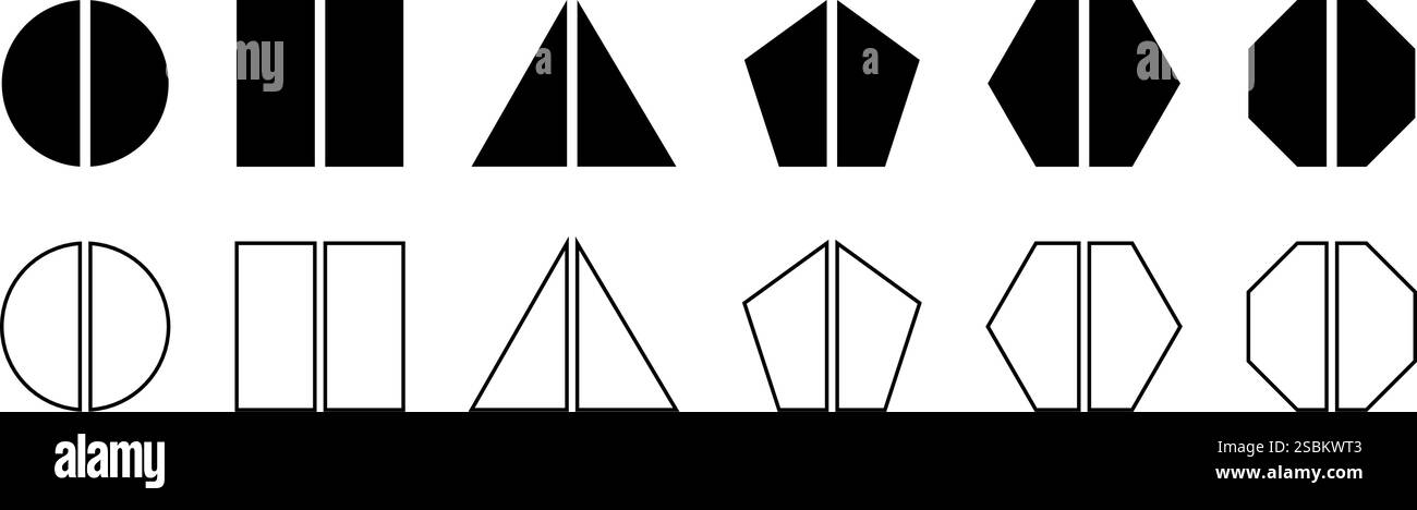 Set di forme geometriche rotonde, quadrate e triangolari, pentagono, esagonali e ottagoni divise in 2 parti uguali. Diagrammi semplici, modelli di grafici aziendali. Illustrazione grafica vettoriale. Illustrazione Vettoriale