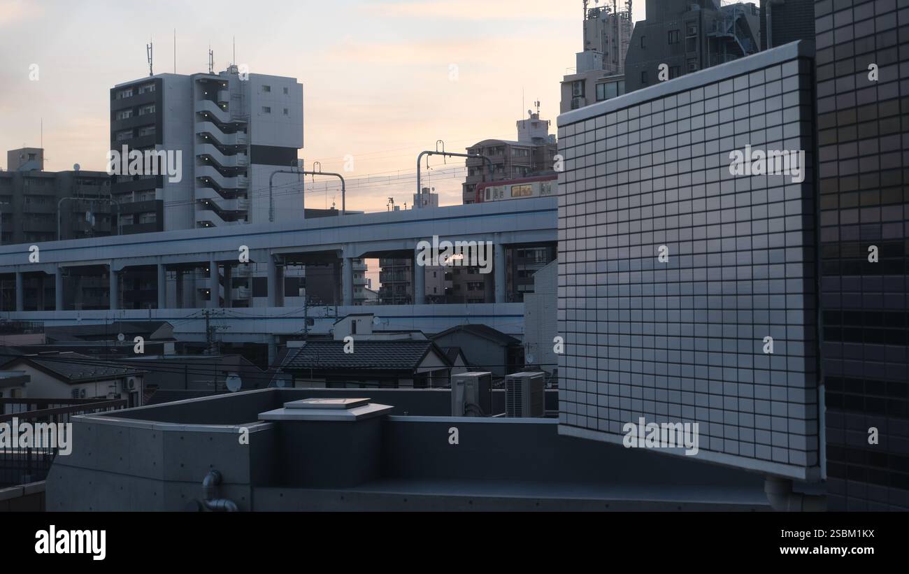 Aria fresca del mattino a Tokyo: Un inizio sereno della giornata con lo skyline della città inondato dalla luce soffusa del mattino. Foto Stock